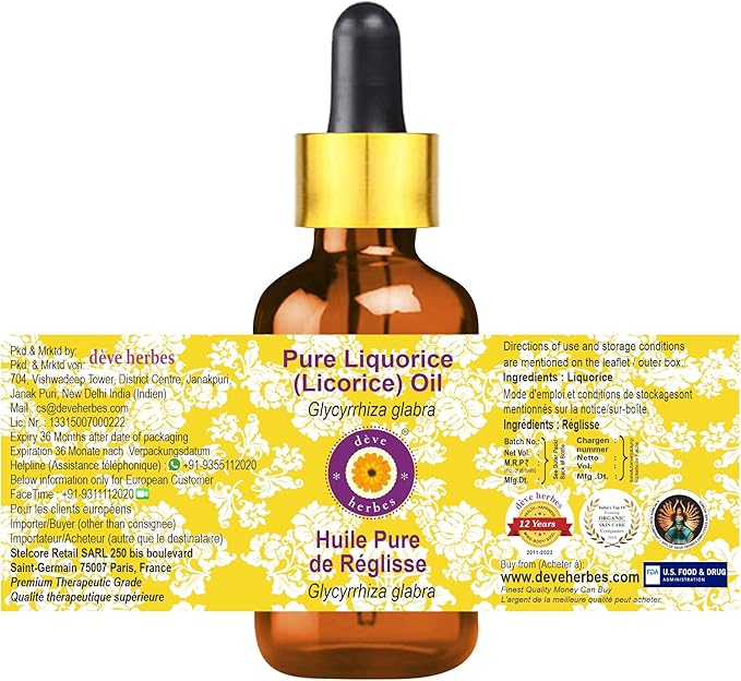 Deve Herbes Pure Liquorice (Licorice) Oil (Glycyrrhiza glabra) with Glass Dropper 5ml (0.16 oz)
