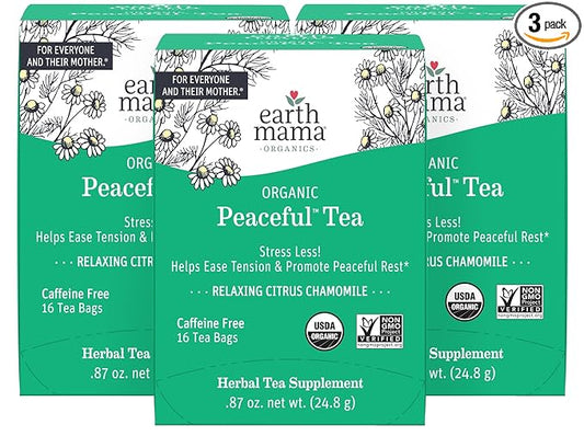 Earth Mama Organic Peaceful™ Tea | Stress Less! Calming, Relaxing Herbal Blend Safe for Pregnancy & Beyond, 16 Teabags Per Box (3-Pack)