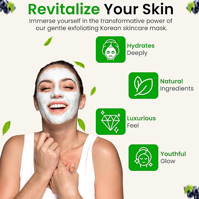Blueberry & Rhubarb Hydrating Korean Clay Face Mask Skin Care with Hyaluronic Acid, Glycolic Acid, Exfoliate Gentle Moisturizing Pore Mask for Spa, Beauty, Anti Aging, Acne - For All Skin Types