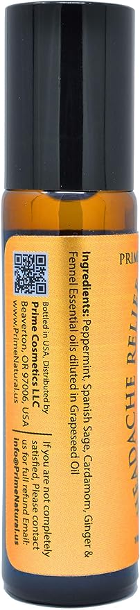 PRIME NATURAL Headache Relief Essential Oil Roll On 10ml, Pre-Diluted, Ready to Use Roller for Migraine, Tension, Calming, Soothing, Grounding, Sore Muscles, Sprain & Sleep