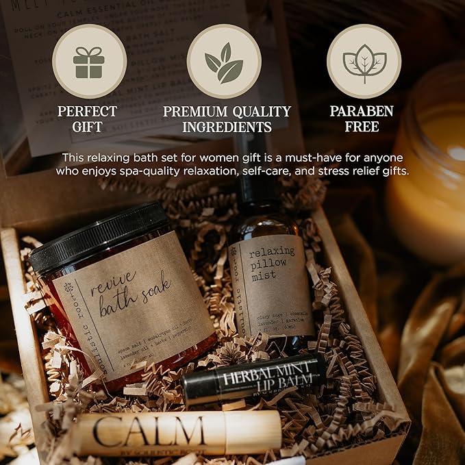 Spa Kit for Women – Relaxing Self Care Gift Set with Lavender Pillow Spray, Mint Lip Balm, Calm Essential Oil Roller & Epsom Salt Bath Soak – Luxury Pampering Package for Home & Bath