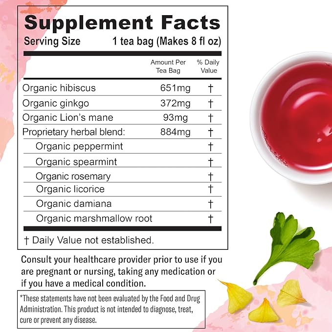 Numi Organic Damiana Focus Tea with Gingko, Lion's Mane & Hibiscus (Pack of 3), 16 Count Herbal Tea Bags