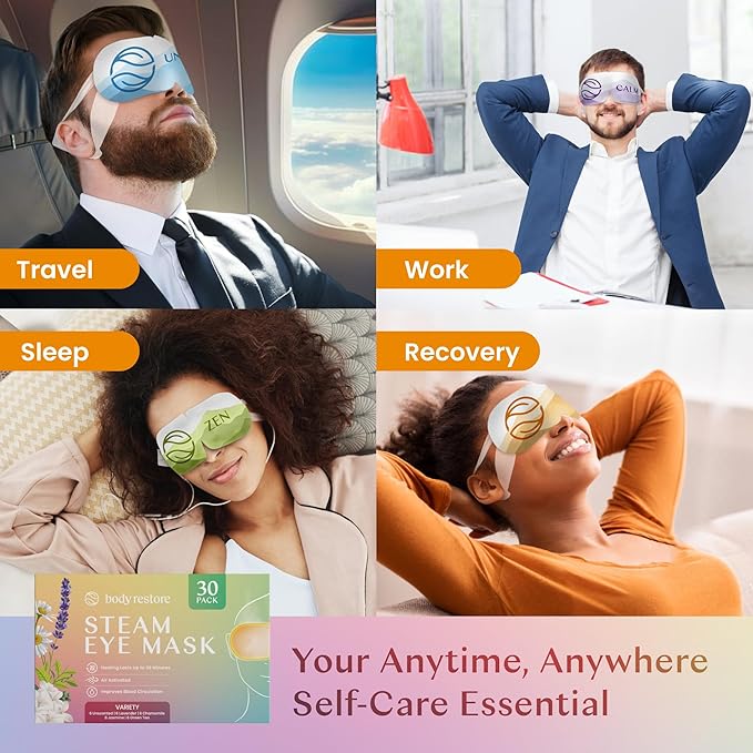 Body Restore Self Heated Steam Eye Mask 30 Pack - Fathers Day Unique Gifts for Dad, Relaxation Gifts for Her and Him, Best Friend, Stye Eye Treatment, Travel Essentials - Variety