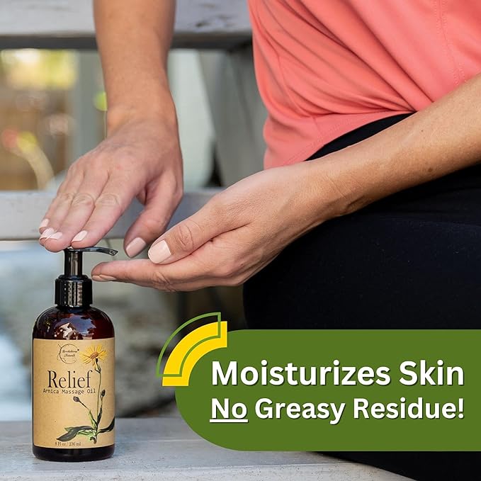 Relief Arnica Massage Oil for Massage Therapy, Home Use & Therapeutic Massaging | Great for Lymphatic Drainage, Sore Muscles & Joints | All Natural with Arnica Montana & Lemongrass Essential Oil
