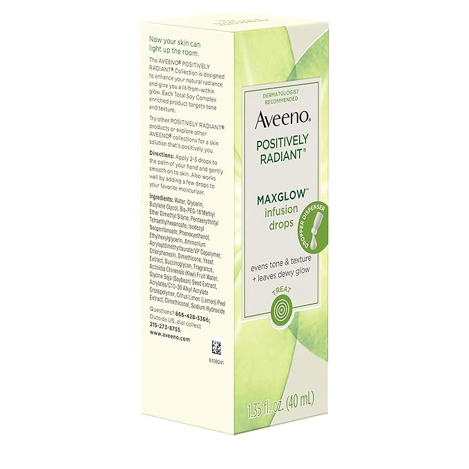 Aveeno Positively Radiant MaxGlow Infusion Drops with Moisture Rich Soy & Kiwi Complex, Hypoallergenic, Non-Comedogenic, Paraben- & Phthalate-Free Moisturizing Facial Serum, 1.35 fl. oz