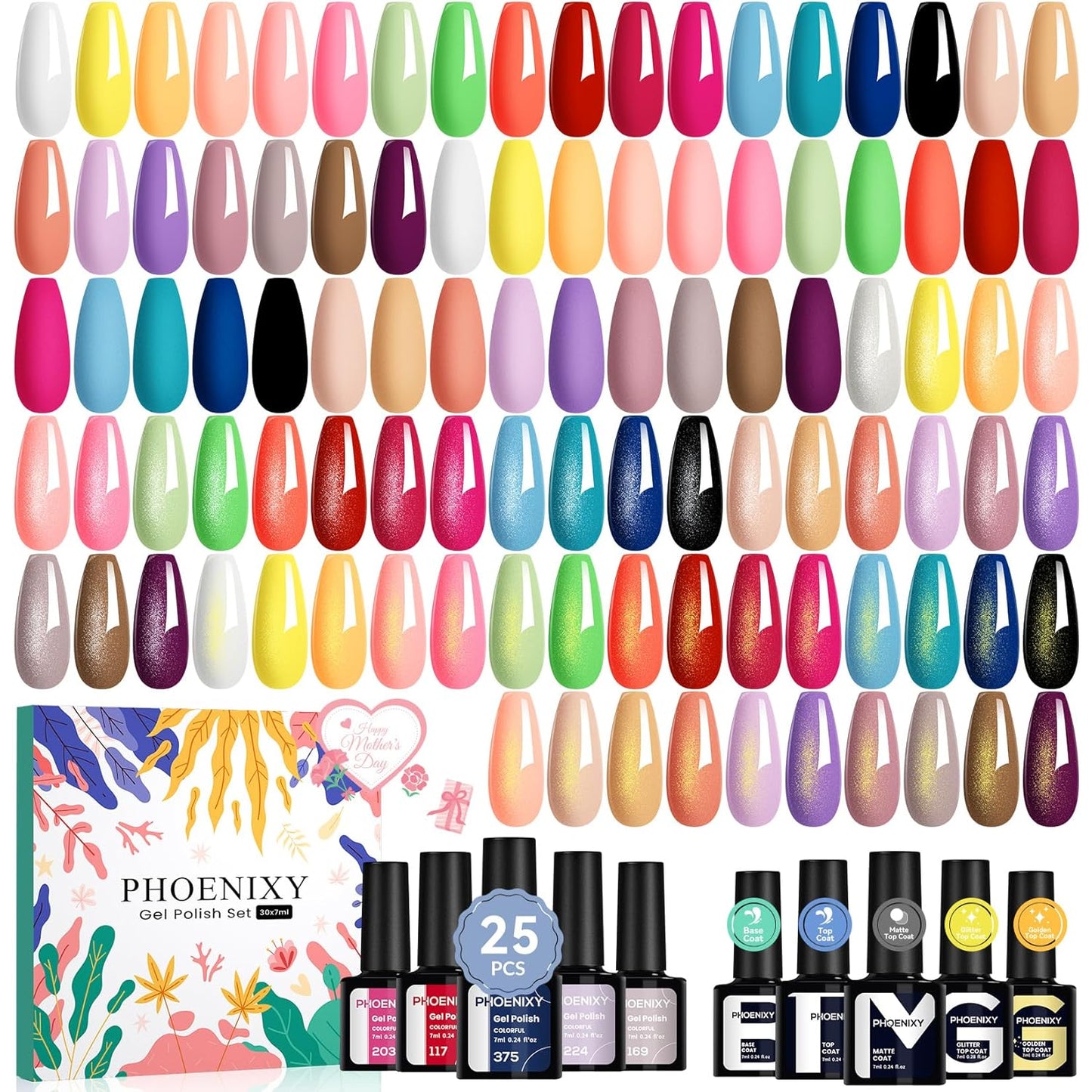 Phoenixy 30 PCS Gel Nail Polish 25 Colors Gel Nail Polish Set with Base Coat Glossy Matte and Glitter Top Coat Pink Red Green Starter Gift for Women - PCB9041