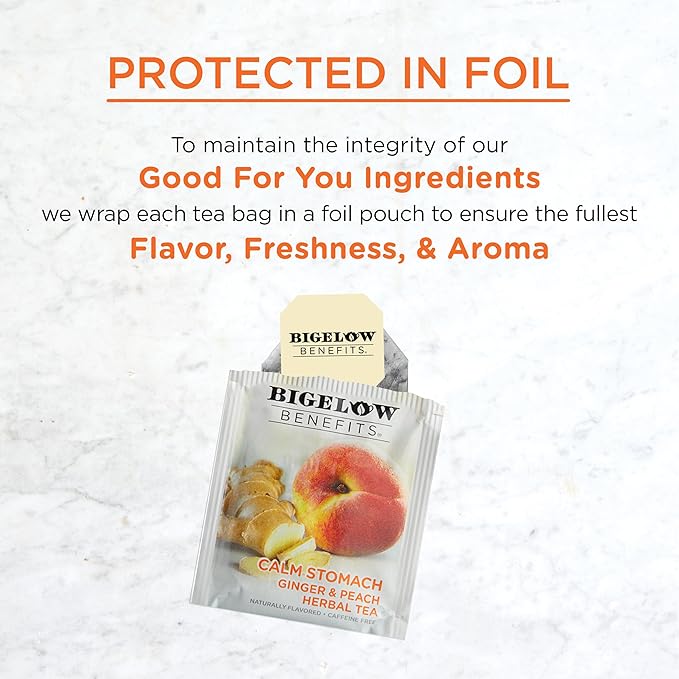 Bigelow Tea Benefits Calm Stomach Ginger Peach Herbal Tea, Caffeine Free, 18 Count (Pack of 6), 108 Total Tea Bags