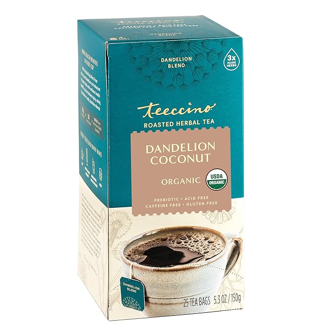 Teeccino Dandelion Coconut Tea - Caffeine Free, Roasted Herbal Tea with Prebiotics, 3x More Herbs than Regular Tea Bags, Gluten Free - 25 Tea Bags (Pack of 3)