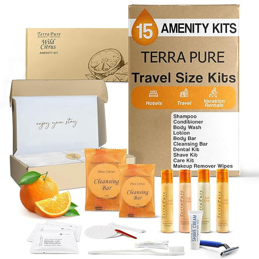Terra Pure Amenity & Accessory Kit |1 oz Travel Size Shampoo, Conditioner, Lotion, Body Wash, 2 Cleansing Bars, Shave & Dental Sets, Make-Up Remover Wipes, & Vanity Kit | 15 sets per case