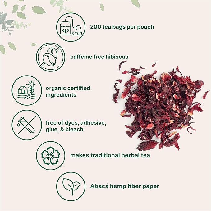 Organic Hibiscus Tea Bags, 200 Count | Premium Source from Hibiscus Flowers | Caffeine Free Herbal Tea | Eco-Friendly Hemp Paper Tea Bags | Non-GMO, No Sugar