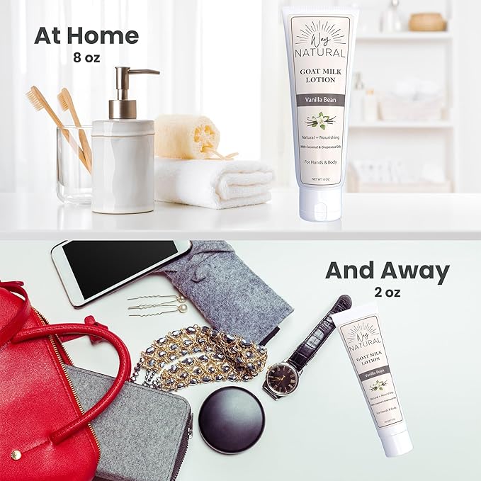 Goat Milk Lotion, Vanilla Bean - Home & Away Set, Natural, Body/Hand - Goat Milk Hand Cream for Women and Men - Dry Skin Relief - Vanilla Lotion - 8oz & 2oz Travel Size Tube