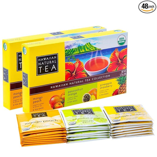 Hawaiian Natural Organic Tropical Fruit Tea Sampler - Green, Black, White Tropical Fruit Tea Blends, Gift Box Set For Special Occasions - 48 Bags