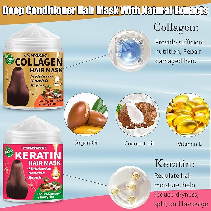 Collagen Hair Mask & Keratin Hair Mask for Damaged Hair,Keratin Hair Treatment,Repair Deep Conditioner for Dry Hair,Vitamin E Natural Hydrating Hair Mask with Argan Oil All Hair Type,Hair Care Gifts