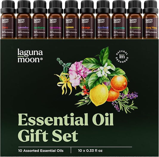 Lagunamoon 10-Pack Organic Essential Oils Set, 10mL, Top 10 Scents for Aromatherapy, Massage, Candle Making, Soap Scents, Office, Skin & Hair Care