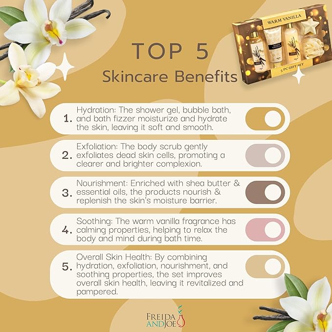 Freida & Joe Fragrance Bath & Body Collection Gift Box, Includes Shower Gel, Body Lotion, Body Scrub, Bath Bomb & Sponge (Warm Vanilla 2.0)