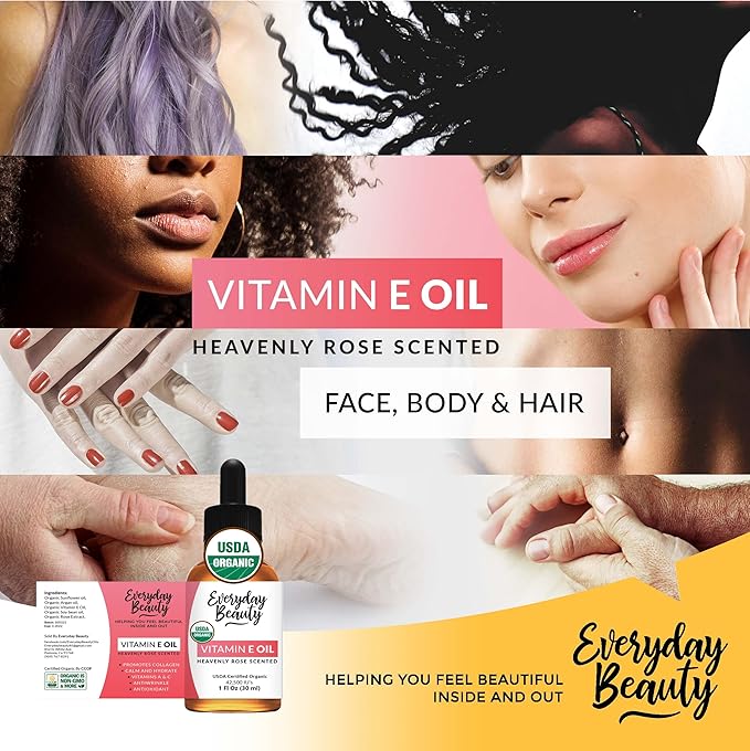 Organic Vitamin E Oil Heavenly Rose Scented USDA Certified 100% All Natural Plant Based 1 Fl Oz Glass Bottle & Dropper - Lightweight Great for Scars After Surgery - Reduce Wrinkles, Anti Aging