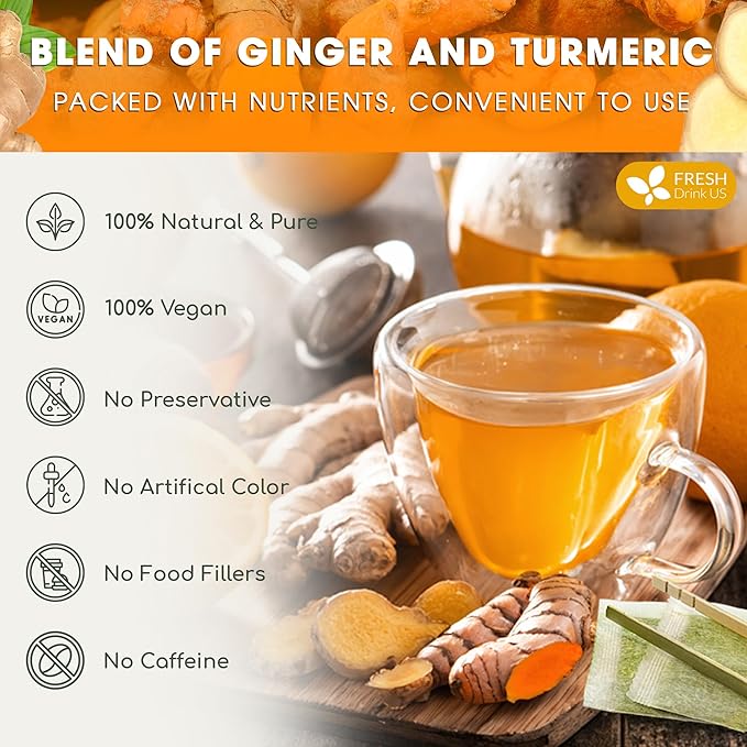 FRESHDRINKUS Premium 65 Turmeric Ginger Tea Bags, 100% Natural Ingredients, Hand-made Blend of and Ginger, Eco-conscious Bags. Herbal Tea. No Sugar, Caffeine, Gluten, Vegan.