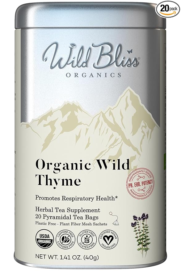 Wild Bliss Organic Wild Thyme Tea - Caffeine Free Respiratory Herbal Support - Pharmacopoeia Potency - 20 Plant Based Tea Bags