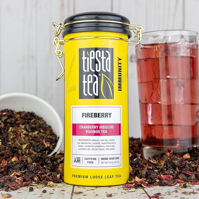 Tiesta Tea - Fireberry | Loose Leaf | Cranberry Hibiscus Rooibos Tea | Premium Non-Caffeinated Rooibos Blend | Make Hot or Iced | Brews Up to 250 Cups | 16oz Bulk Pouch & 5oz Refillable Tin Combo