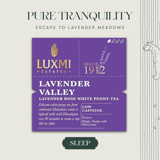 Luxmi Estates - Lavender Valley - Organic Lavender Tea - 50 Tea Bags | With Certified Organic Darjeeling Makaibari White Tea | Light & Fresh Delicate Flavor, Low Caffeine