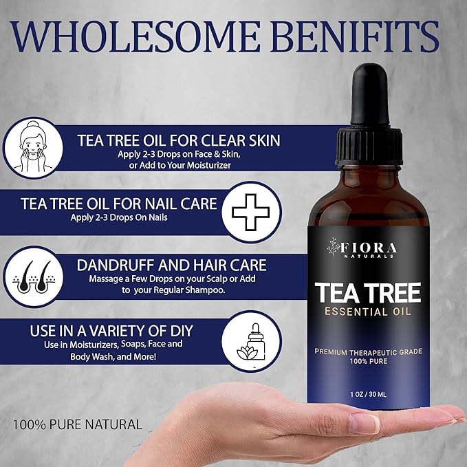 Tea Tree Oil for Toenails - 100% Pure Tea Tree Essential Oil for Skin, Foot Care, Piercing, Dandruff, Hair & Scalp Care. Natural Remedy for Discolored and Damaged Nails, Pure Melaleuca Alternifolia