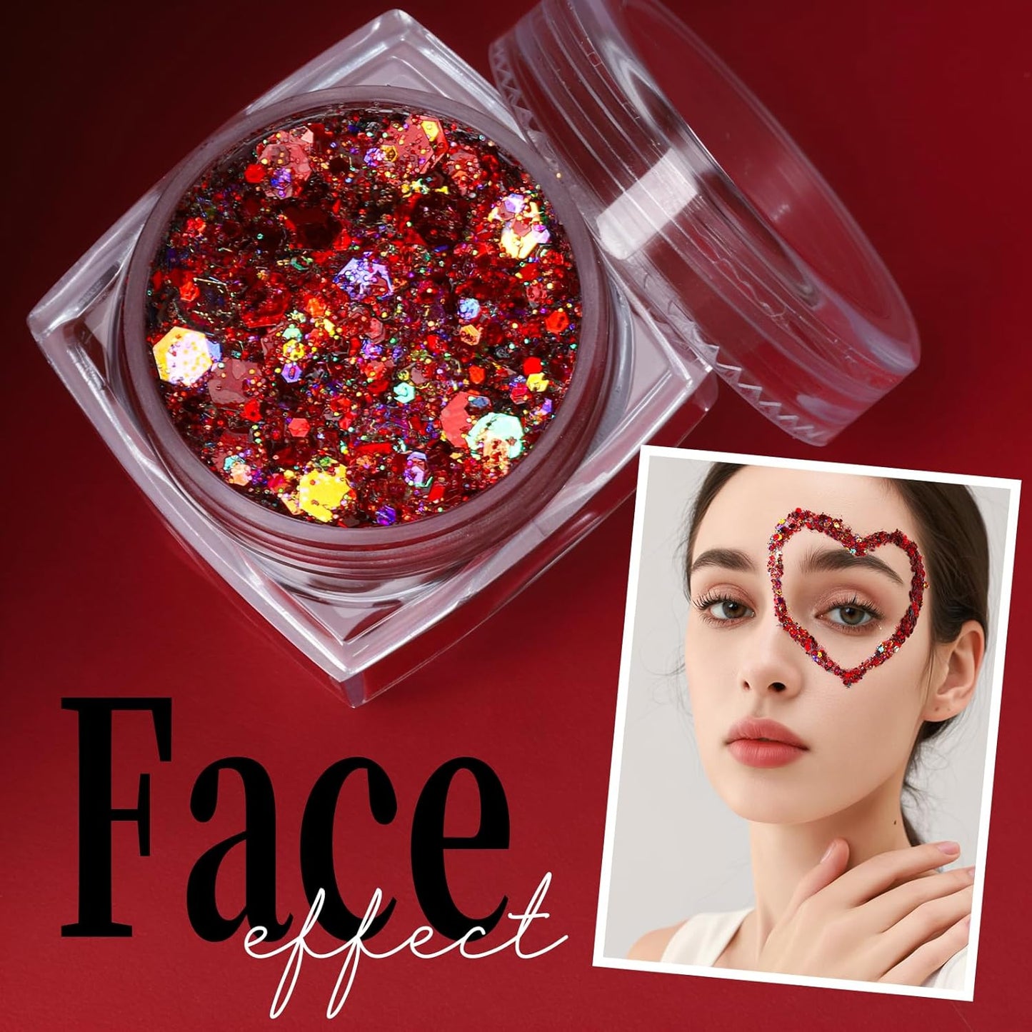 Teenitor Face Glitter, Red Body Glitter Gel, Hair Glitter, 6 Shapes Festival Rave Body Makeup Glitters Gel, Chunky Sparkling Glitter for Face, Body and Hair