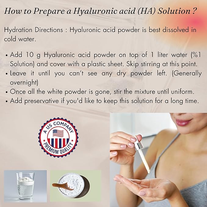 Hyaluronic Acid Powder Pure High Molecular Weight Cosmetic Grade Water Soluble Sodium Hyaluronate for Skin Face Cosmetic Applications Make Your Own Serum