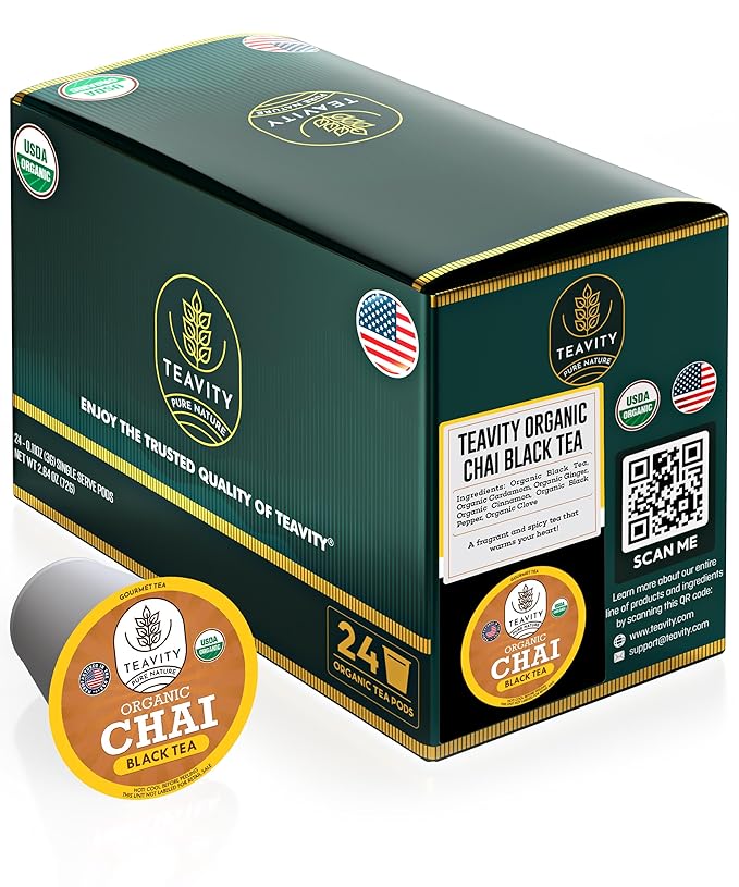 Organic Chai Black Tea Pods for Keurig Naturally Caffeinated by Teavity (24 Tea Pods)