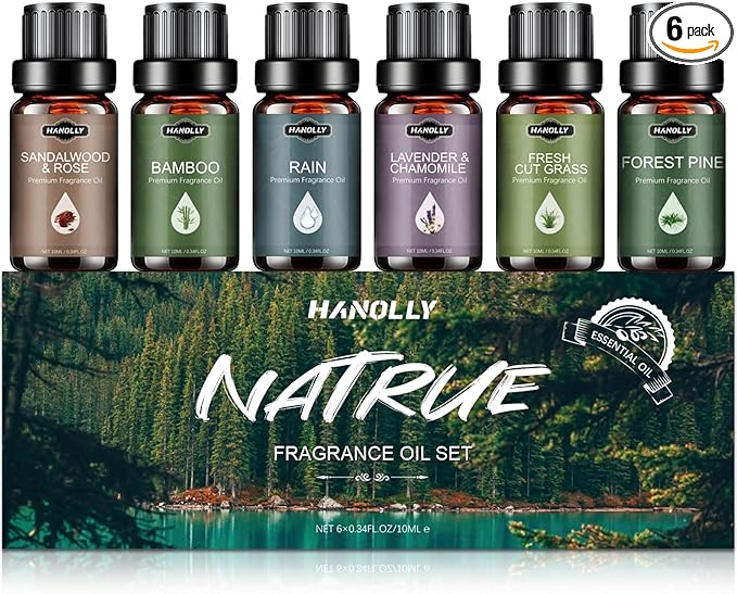 Essential Oils Set, Nature Scents Fragrance Oil Aromatherapy Essential Oils Kit for Diffuser (6x10ML) Sandalwood &Rose, Bamboo, Rain, Lavender &Chamomile, Fresh Cut Grass, Forest Pine Oil