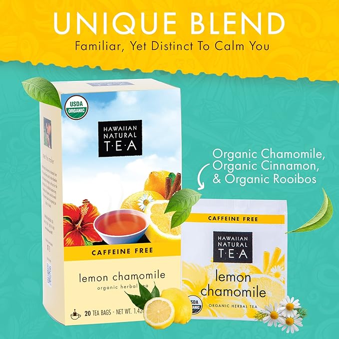 Organic Lemon Chamomile Tea - Caffeine Free Herbal Tea - Supports a Good Night’s Sleep, Calming, Relaxing for Bedtime, Anxiety & Stress, 20 Bags