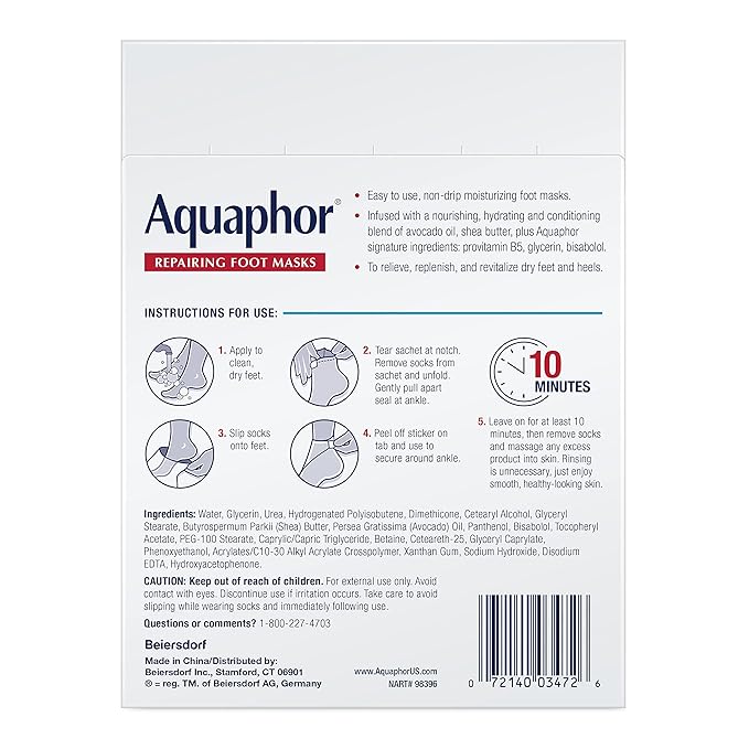 Aquaphor Repairing Foot Masks, Moisturizing Socks for Dry Feet with Avocado Oil and Shea Butter, Pedicure Supplies and At Home Spa Gifts for Mom, Pack of 6