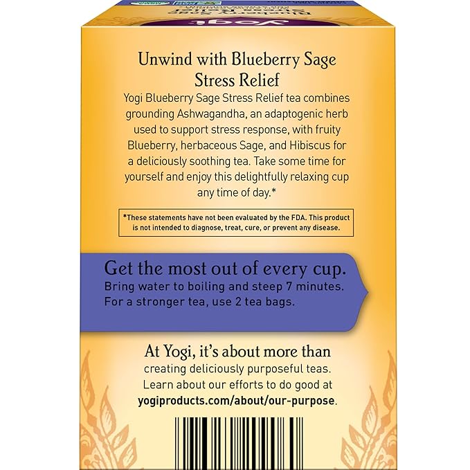 Yogi Tea Blueberry Sage Stress Relief - 16 Tea Bags per Pack (4 Packs) - Relaxing, Calming Tea to Support Stress Response - Includes Ashwagandha, Blueberry, Sage, Hibiscus & More