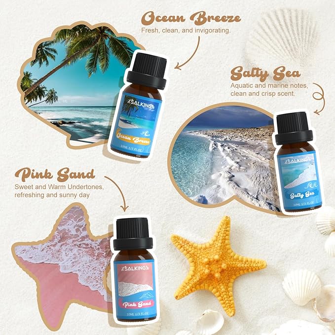 SALKING Surf & Sand Fragrance Oils, Premium Essential Oil for Diffuser, Scented Oil Gift Set for Soap Candle Making - Ocean Breeze, Salty Sea, Pink Sand, Coconut, Island Life, Pina Colada