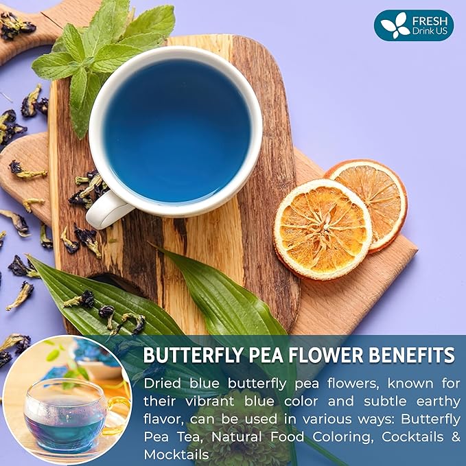 FreshDrinkUS, Premium 1010+ Butterfly Pea Flowers, 100% Natural & Pure from Whole Blue Butterfly Pea Flowers, Wildcrafted, Dried Blue Butterfly Pea Flowers Herbal Tea, No Gluten, Vegan