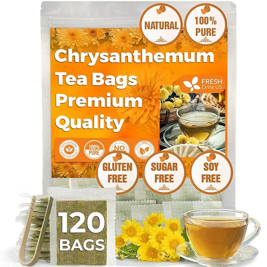 FreshDrinkUS Premium Chrysanthemum Flower Tea Bags - 120 Count, 100% Natural and Pure, Eco-Conscious. Herbal Tea, No Sugar, No Caffeine, No Gluten, Vegan
