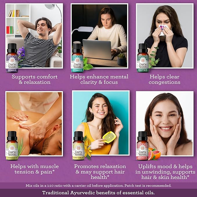 GuruNanda Essential Oils Set for Diffusers, 100% Pure, Aromatherapy, Massage, Candle & Soap Making Lavender, Peppermint, Eucalyptus, Grapefruit, Lemongrass, Ylang Ylang 0.33 Fl Oz (Pack of 6)