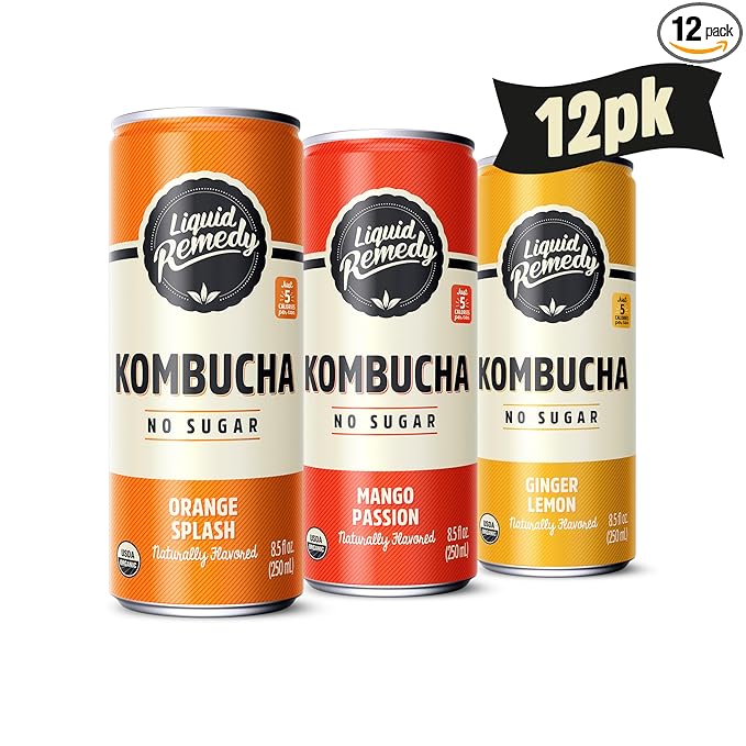 Liquid Remedy Kombucha Sugar Free Organic Drink, Low Calorie, Probiotic Like Tea for Gut Health - Tropical Trio Variety Pack - 8.5 Fl Oz Can, 12-Pack