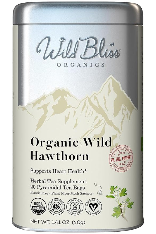 Wild Bliss Organic Wild Hawthorn Leaf and Flower Herbal Tea - Caffeine Free Heart Health Herbal Support - 20 Plant Based Tea Bags