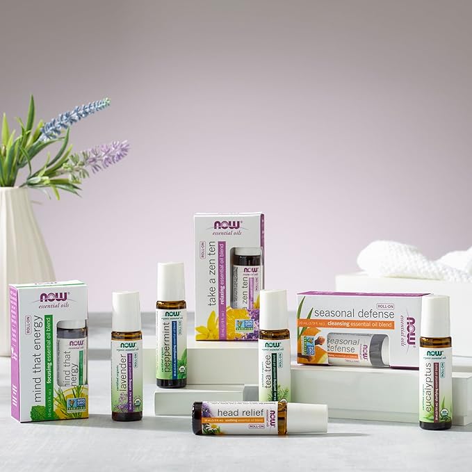 NOW Foods Essential Oils, Peppermint Roll-On, Certified Organic, Energizing Blend, Steam Distilled, Topical Aromatherapy, 10-mL