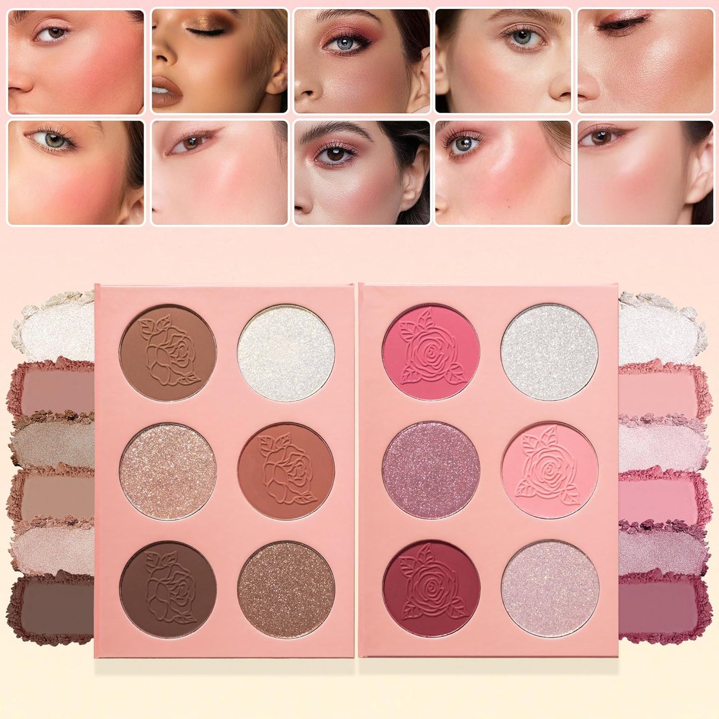 Radiant Rosé Blush Palette - 6 Shades, Fresh Glow, Silky-Smooth Texture, Beginner-Friendly, No Pigment Residue Featuring, 3 Shimmer Shades and 3 Natural Soft Blush Tones | Eye Make Up Palette