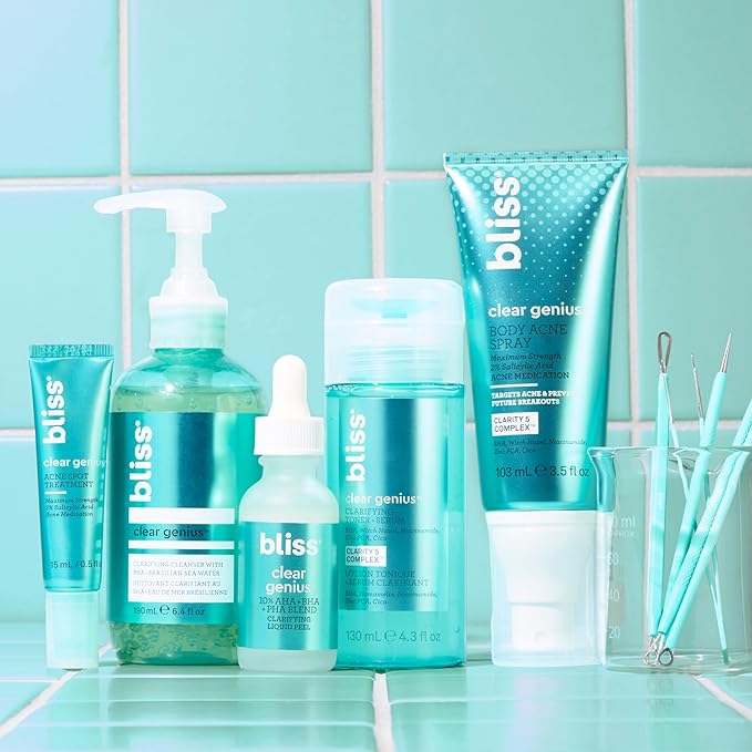 Bliss Acne-Prone Skin Bundle - Clear Genius Toner, Body Spray, Spot Treatment BHA Salicylic Acid and Clarifying Peel & Cleanser