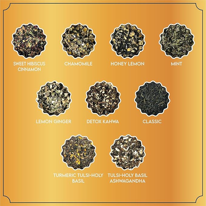 Tea Leaf & Co. Harmony Pure Delight 9 Pack Premium Tea Gift Combo Box (Classic, Tulsi Ashwagandha, Lemon Ginger, Mint, Detox Kahwa, Turmeric Tulsi, Honey Lemon, Sweet Hibiscus & Green Chamomile) - 8Oz