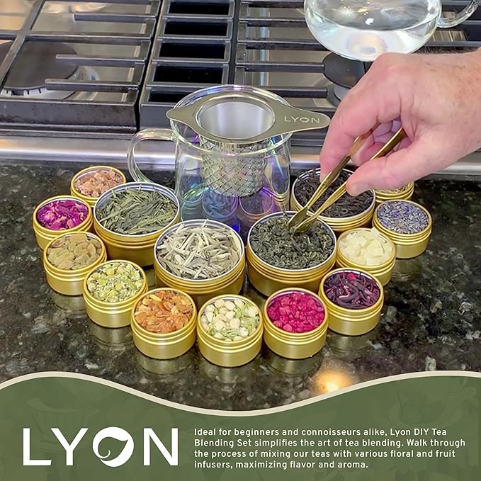 Lyon DIY Tea Blending Set-16 Tin Variety Pack-Premium Herbal Tea & Exotic Floral/Fruit Flavor Infusers - Create 75+ Cups w/Assorted Teas, Oolong, Chamomile, Rose, Peach & More