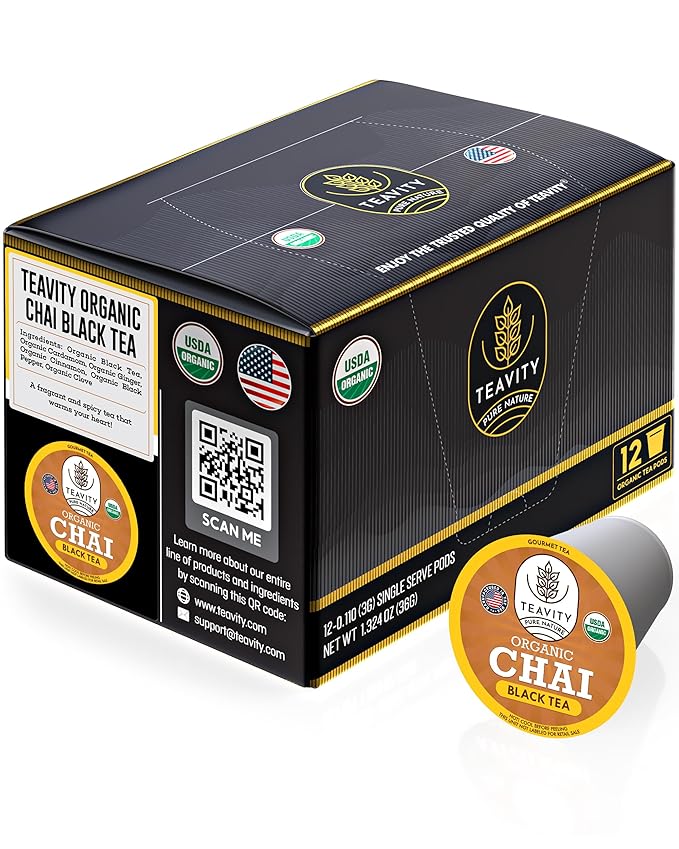 Organic Chai Black Tea Pods for Keurig Naturally Caffeinated by Teavity (12 Tea Pods)