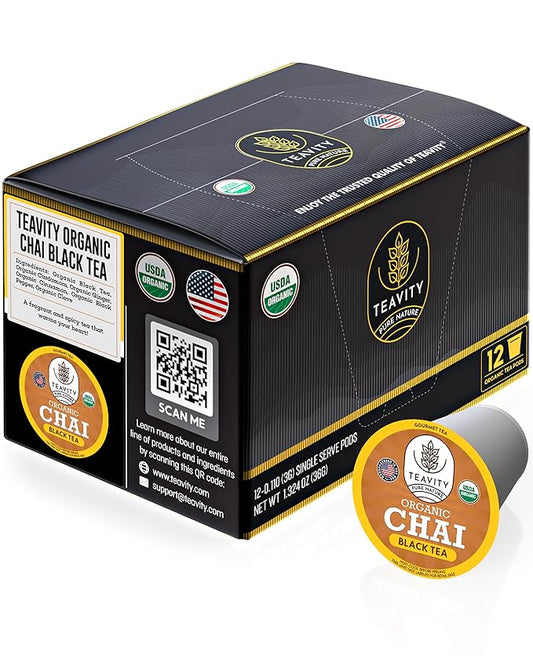 Organic Chai Black Tea Pods for Keurig Naturally Caffeinated by Teavity (12 Tea Pods)