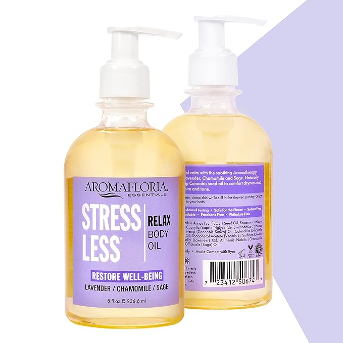 Stress Less Body Oil - Lavender, Chamomile, Sage Oil Scented - Body Massage Oil for Men & Women - 8.0 FL Oz Bottle