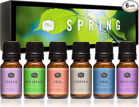 P&J Trading Spring Set of 6 Fragrance Oils - Gardenia, Sweet Pea, Fresh Cut Grass, Rain, Freesia, and Rose Scents for Candle Making, Soap Making Supplies, Diffuser Oils