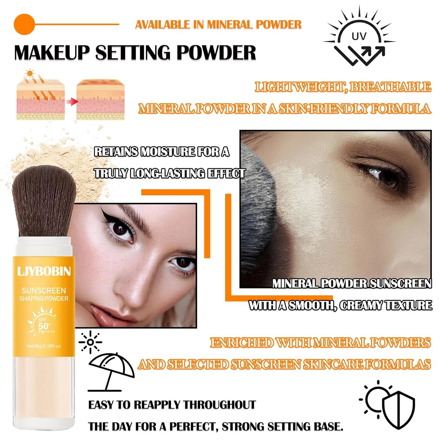 Sunscreen Setting Powder,SPF 50+ PA++++,Oil Control Waterproof Mineral Powder Sunscreen,Lightweight Long Lasting Matte Sunscreen Powder with Sunscreen Brush