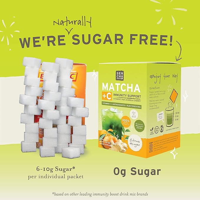 SEN CHA Naturals Citrus Ginger Green Tea + C Effervescent Drink Mix with 200% Vitamin C, Japanese Matcha Powder, Acerola Cherry, Coconut Water Powder, Orange Peel, Turmeric & Ginger (Pack of 10)