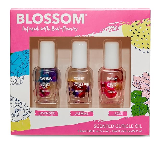 Blossom Cuticle Oil for Nails, Hydrating, Moisturizing, Scented Nail Oil Cuticle Care, Infused with Real Flowers, Made in USA, 0.75oz, 3 pack, Mini Gift Set, Lavender/Jasmine/Rose
